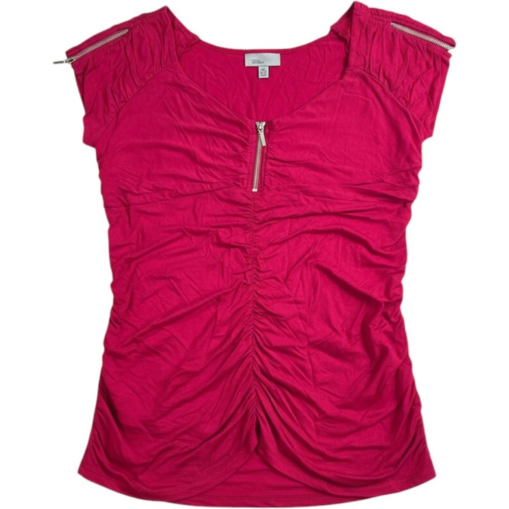 Linea Domani Magenta Pink Ruched Front Zip Cap Sleeve Top XL Y2825